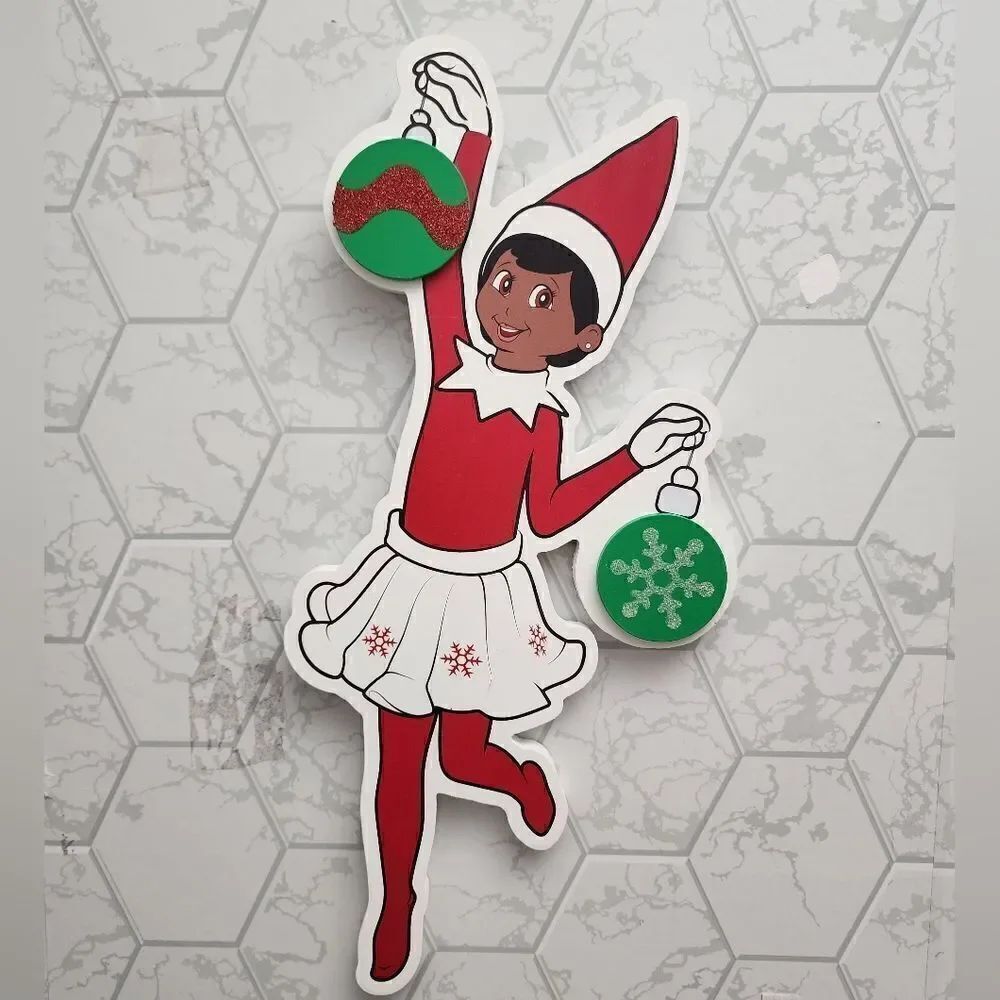The Elf on the Shelf Scout Elf Brown Eye Girl Cut Out Wall Decor,13x18 Faux Wood
